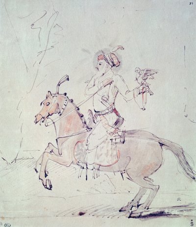 Shah Jehan med falk på hesteryggen (penn og blekk og wc på papir) av Rembrandt van Rijn