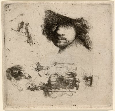 Studieark: Leder for kunstneren, et tiggerpar, hodet til en gammel mann og en gammel kvinne, etc. av Rembrandt van Rijn