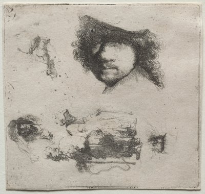 Studieark: Selvportrett, et tiggerpar, etc. av Rembrandt van Rijn