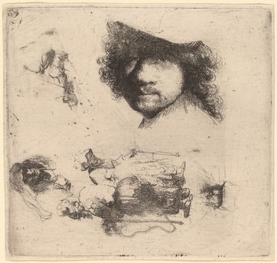 Studieark inkludert leder for kunstneren, et tiggerpar, ledere til en gammel mann og gammel kvinne av Rembrandt van Rijn