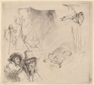 Ark med studier inkludert en kvinne som ligger syk i sengen av Rembrandt van Rijn