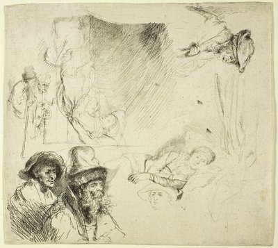 Studieark, med en kvinne som ligger syk i sengen av Rembrandt van Rijn