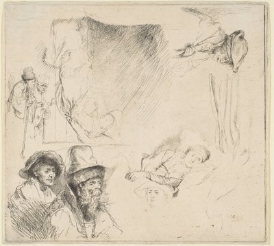 Ark med studier med en kvinne som ligger syk i sengen, etc., ca. 164142. av Rembrandt van Rijn