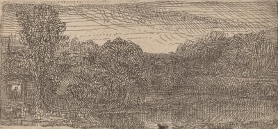 Lite grått landskap: et hus og trær ved siden av et basseng, ca. 1640. av Rembrandt van Rijn