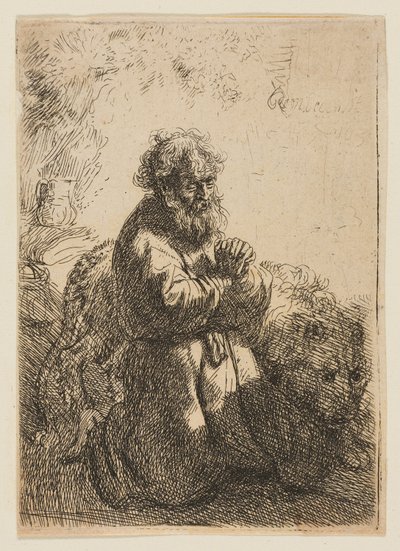 St. Jerome kneler i bønn og ser ned av Rembrandt van Rijn