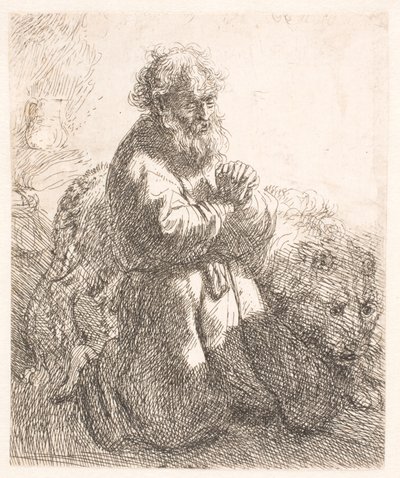 St. Hieronymus kneler i bønn og ser ned av Rembrandt van Rijn
