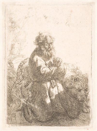 St. Hieronymus kneler i bønn og ser ned av Rembrandt van Rijn