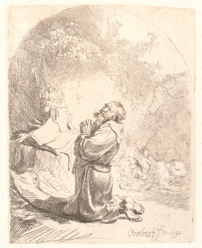 St. Hieronymus ber: buet trykk av Rembrandt van Rijn