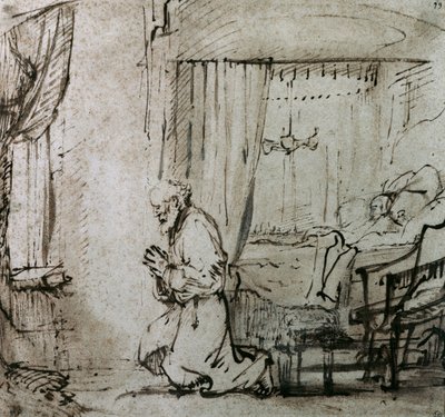 St. Peters bønn før oppreisningen av Tabitha, ca. 1654-55 av Rembrandt van Rijn