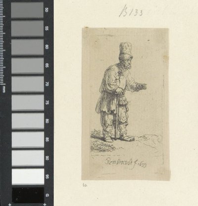 Stående bonde med høyt hodeplagg, lent på en pinne Recueil de quatre-vingt-cinq estampes originales (serietittel) av Rembrandt van Rijn