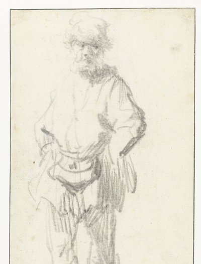 Stående mann med en veske av Rembrandt van Rijn