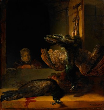 Stilleben med to påfugler og en jente, ca 1639 av Rembrandt van Rijn