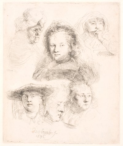 Studier av leder for Saskia og andre av Rembrandt van Rijn