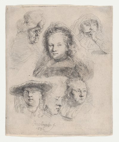 Studier av lederne til Saskia og andre, 1636., 1636. av Rembrandt van Rijn