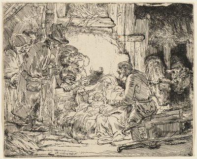 Hyrdenes tilbedelse: Med lampen av Rembrandt van Rijn