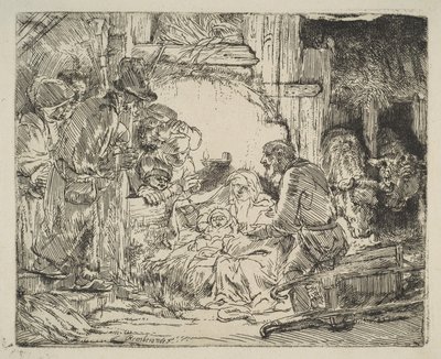 Hyrdenes tilbedelse, med lampen, ca. 1654. av Rembrandt van Rijn