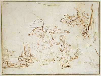 Engelen viser seg for Hagar og Ismael i villmarken (penn og brunt blekk med kroppsfarge på papir) av Rembrandt van Rijn
