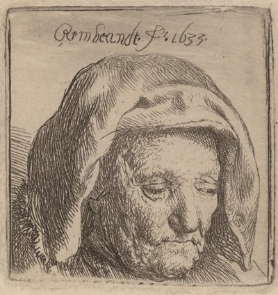 Kunstnerens mor i hodeplagg, ser ned, 1633. av Rembrandt van Rijn