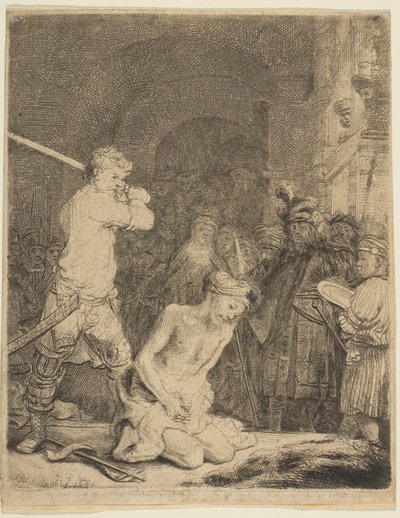 Halshuggingen av døperen Johannes. av Rembrandt van Rijn