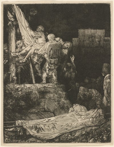 Nedstigningen fra korset med fakkellys av Rembrandt van Rijn