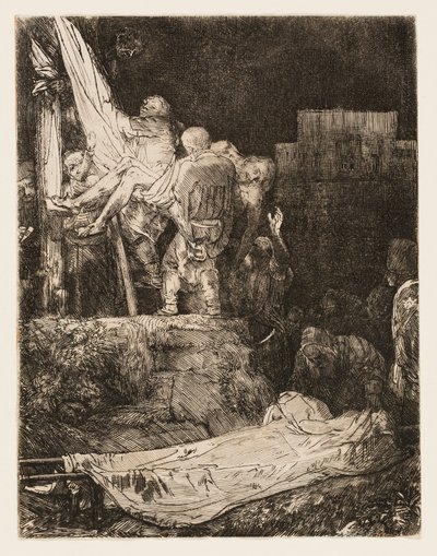 Nedstigningen fra korset med fakkellys av Rembrandt van Rijn