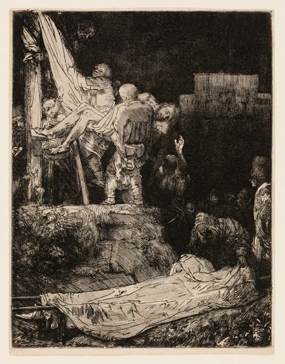 Nedstigningen fra korset med fakkellys av Rembrandt van Rijn