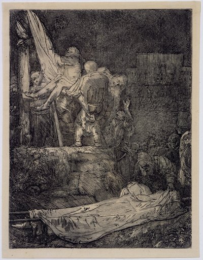 Nedstigningen fra korset med fakkellys av Rembrandt van Rijn