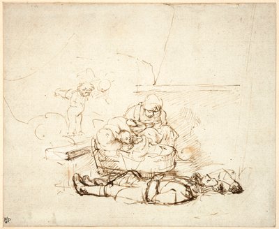 Den hellige familie sover, med engler, 1645 (penn og blekk med gouache på papir) av Rembrandt van Rijn