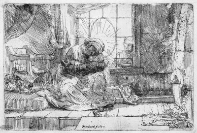 Den hellige familie med en katt, 1654 av Rembrandt van Rijn