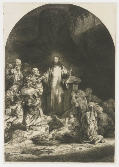 The Hundred Guilder Print: det sentrale stykket med Kristus forkynnelse, platen buet av Rembrandt van Rijn