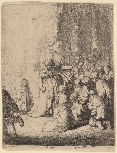 Presentasjonen i tempelet med engelen: Liten tallerken av Rembrandt van Rijn