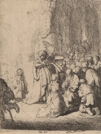 Presentasjonen i tempelet med engelen: liten tallerken, 1630. av Rembrandt van Rijn