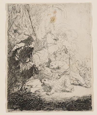 Den lille løvejakten (med to løver) av Rembrandt van Rijn