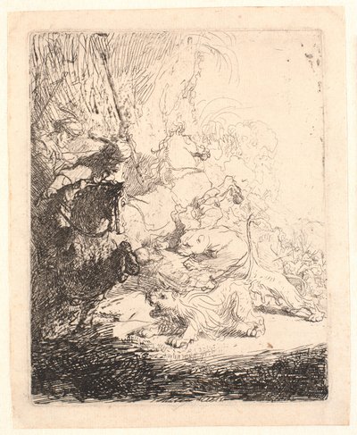 Den lille løvejakten (med to løver) av Rembrandt van Rijn