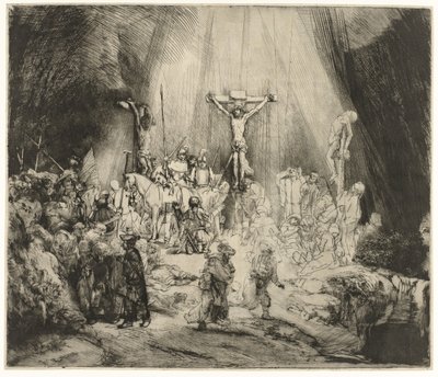 De tre korsene Kristus korsfestet mellom de to tyvene: 'De tre kors' av Rembrandt van Rijn