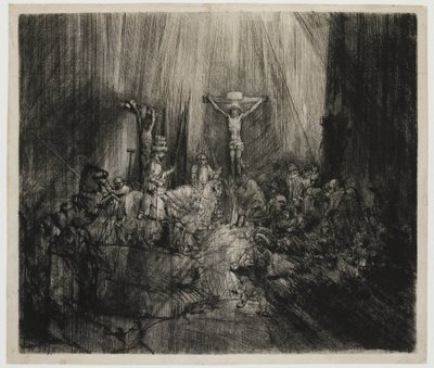 De tre korsene Kristus korsfestet mellom de to tyvene: 'De tre kors' av Rembrandt van Rijn