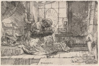 Jomfruen og barnet med katten og slangen, 1654. av Rembrandt van Rijn