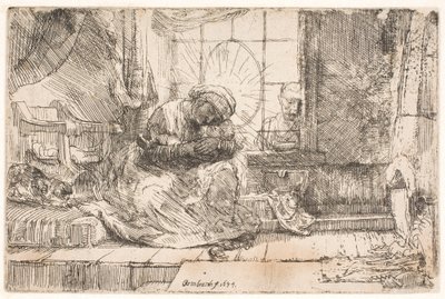 Jomfruen og barnet med katten: og Josef ved vinduet av Rembrandt van Rijn