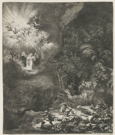 Engelen viser seg for gjeterne av Rembrandt van Rijn