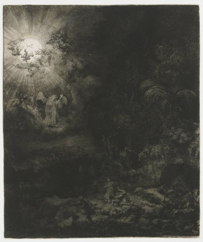 Engelen viser seg for gjeterne av Rembrandt van Rijn