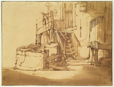 Brønnen foran våningshuset (penn og brunt blekk og brunt vask på papir) av Rembrandt van Rijn