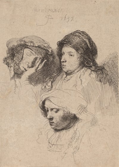Three Heads of Women, One Sleeping, 1637. av Rembrandt van Rijn