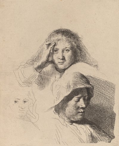 Three Heads of Women, One Lightly Etched, ca. 1637. av Rembrandt van Rijn