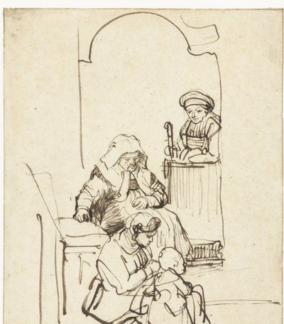 Tre kvinner og et barn ved en dør av Rembrandt van Rijn