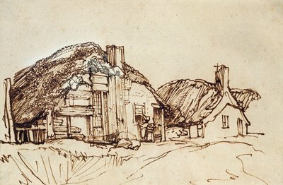 To hytter med stråtak med figurer ved vinduet av Rembrandt van Rijn