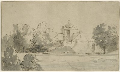 Utsikt over Mariakerk i Utrecht fra sør, ca. 1652 (penn og blekk med vask på papir) av Rembrandt van Rijn