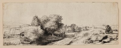 Utsikt over Diemerdijk med en melkemann og hytter av Rembrandt van Rijn