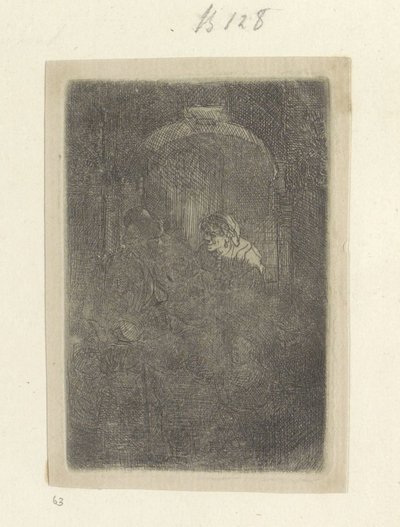 Kvinne i en døråpning, snakker med en mann med barn Recueil de quatre-vingt-cinq estampes originales (serietittel) av Rembrandt van Rijn
