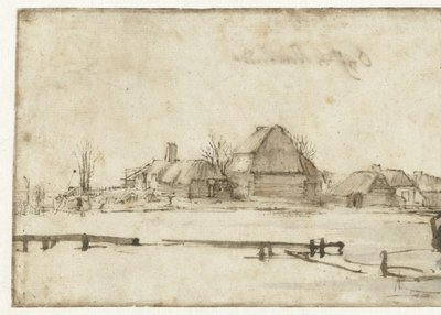 Vinterutsikt med vannvei, hytter og to båter av Rembrandt van Rijn
