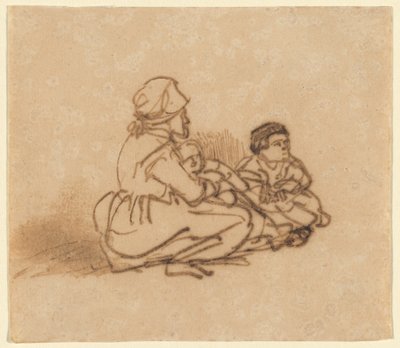 Kvinne sitter på bakken med to barn av Rembrandt van Rijn